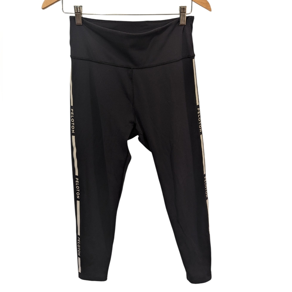 Peloton Black Leggings with White Stripe And Peleton Print Down Leg Size Large - Picture 2 of 6
